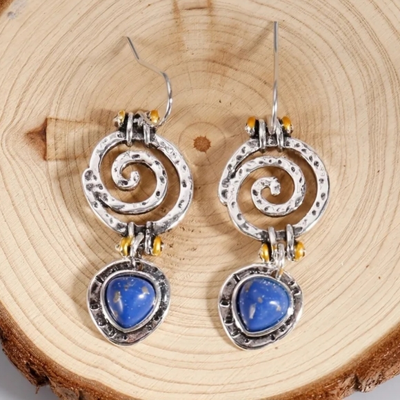 🏷SOLD. Boho dangle earrings Blue hollow stone Antique tribal. NWT 🏆HOST PICK🏆 - Picture 3 of 6